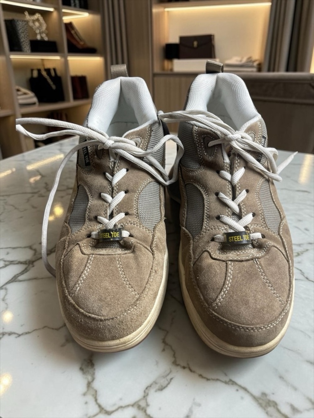 Brama  Men's Taupe Suede Steel-Toe Athletic Sneakers - Support Size 13